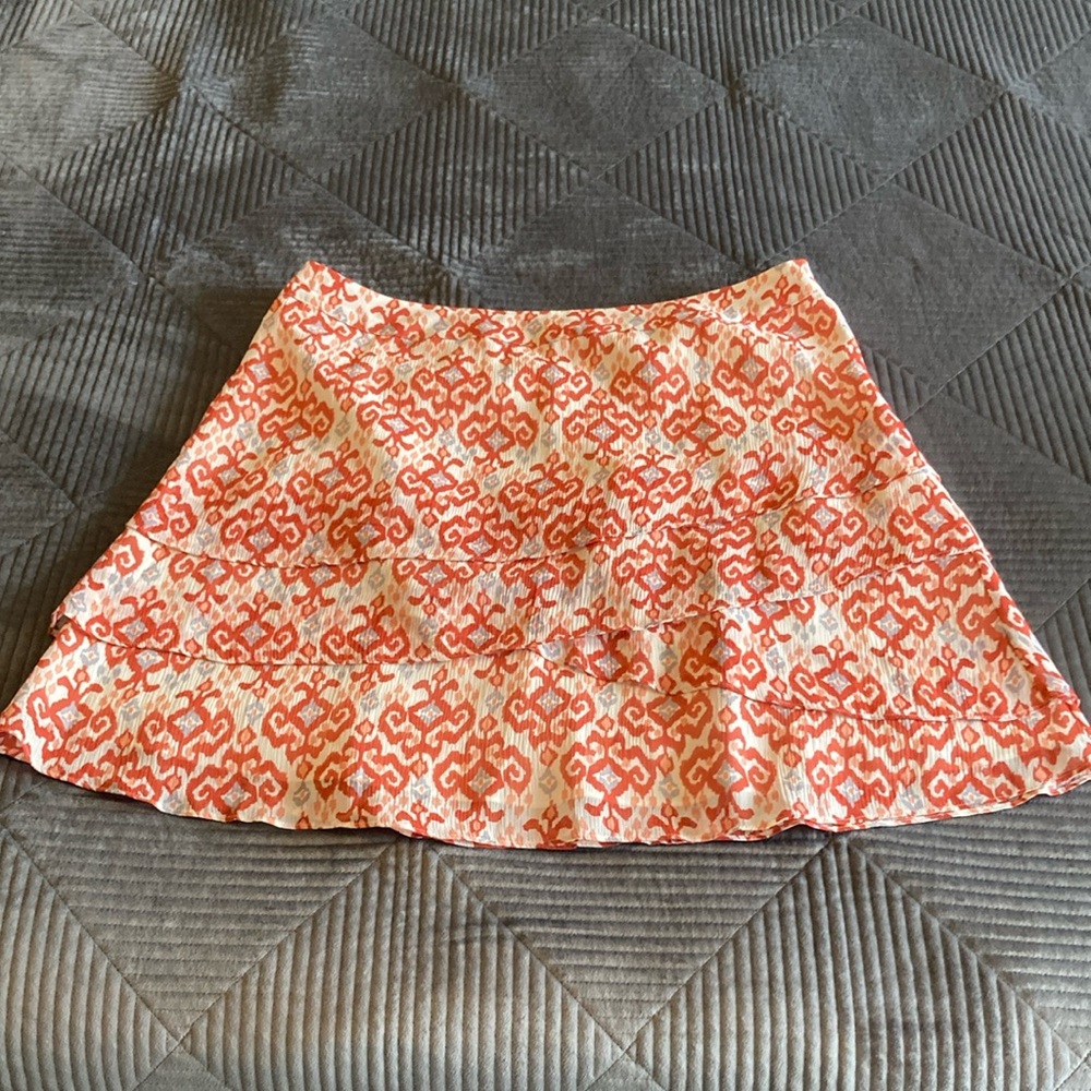 Garnet Hill Women's White and Orange Silk Ruffled Lined A-Line Skirt Size 14 EUC